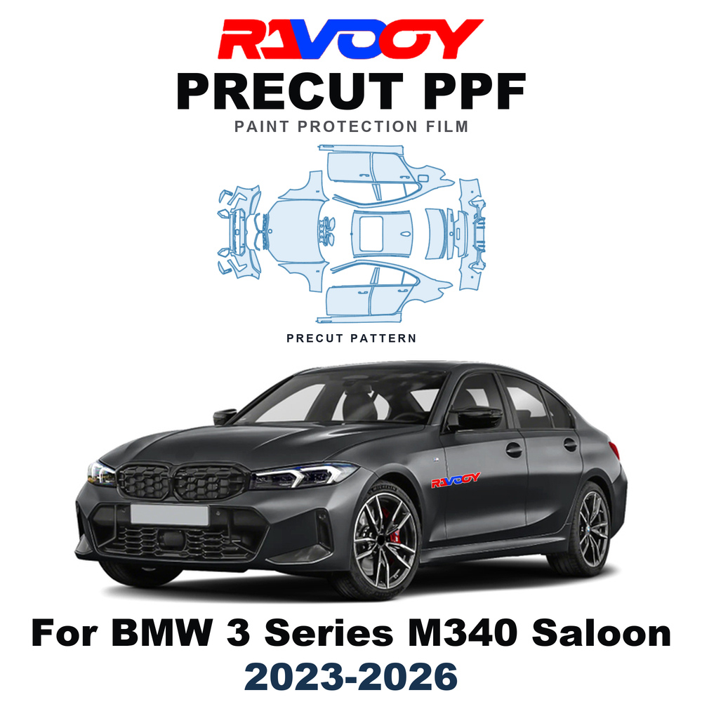 Abs Filament - BMW 3シリーズ M340 セダン（2023-2026年式）用、8.5mil厚のTPU製、カット済みのPPF（ペイント保護フィルム）。ボンネット、バンパー、ヘッドライト用。自己修復機能付き。